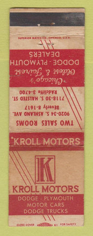 Matchbook Cover - Kroll Motors Dodge Plymouth Chicago IL WORN