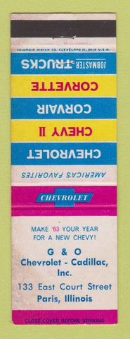 Matchbook Cover - 1963 Chevrolet G&O Cadillac Paris IL WORN