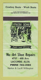 Matchbook Cover - Nu Art Shoe Repair Lacombe AB 30 Strike