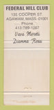 Matchbook Cover - Federal Hill Club Agawam MA 30 Strike