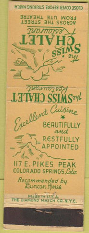 Matchbook Cover - Swiss Chalet Restaurant Colorado Springs CO