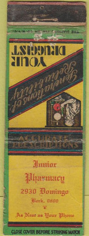 Matchbook Cover - Junior Pharmacy Fullerton Berkley CA ? WORN