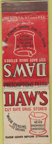 Matchbook Cover - Daw's Cut Rate Drug Stores WORN