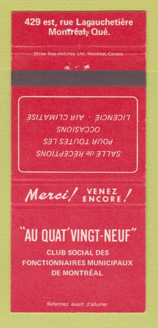 Matchbook Cover - Au Quat Vingt Neuf Club Montreal QC 30 Strike