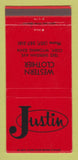 Matchbook Cover - Justin Cowboy Boots Western Clothes Cody WY 30 Strike