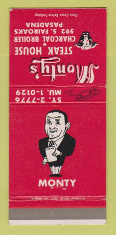 Matchbook Cover - Monty's Steak House Pasadena CA 30 Strike