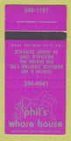 Matchbook Cover - Phil's Whore House Rexdale ON girlie SAMPLE WEAR 30 Strike