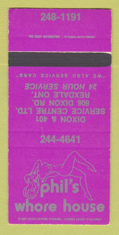 Matchbook Cover - Phil's Whore House Rexdale ON girlie SAMPLE WEAR 30 Strike