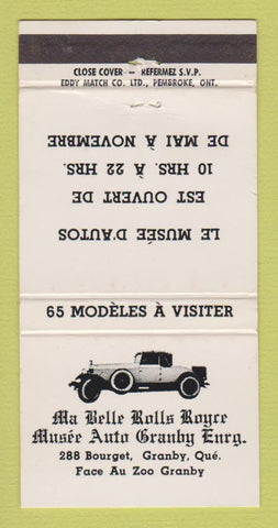 Matchbook Cover - Ma Belle Rolls Royce Museum Granby QC 30 Strike