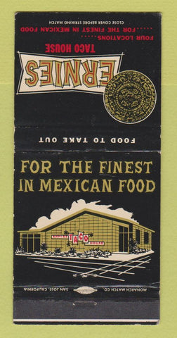 Matchbook Cover - Ernies Taco House Mexican Food Hollywood Lynwood CA 30 Strike