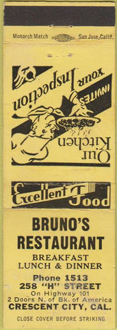 Matchbook Cover - Bruno's Restaurant Crescent City CA WEAR