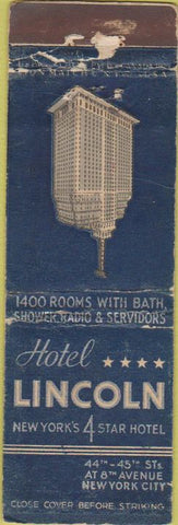 Matchbook Cover - Hotel Lincoln New York NY 1930s WEAR