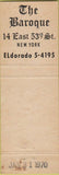 Matchbook Cover - BAROQUE RESTAURANT New York NY
