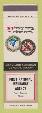 Matchbook Cover - First National Insurance Agency Sauk Centre MN