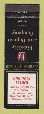 Matchbook Cover - Fidelity and Deposit Insurance New York City WEAR