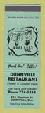 Matchbook Cover - Dunnville Restaurant ON TEAL