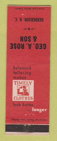 Matchbook Cover - Timely Men's Clothes Geo Rose Henderson NC