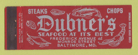 Matchbook Cover - Dubner's Restaurant Baltimore MD Full Length