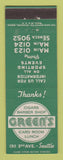 Matchbook Cover - Green's Card Room Lunch Seattle WA barber shop cigars