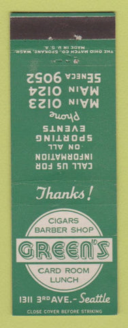 Matchbook Cover - Green's Card Room Lunch Seattle WA barber shop cigars