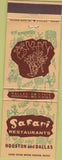 Matchbook Cover - Safari Restaurants Dallas Houston TX