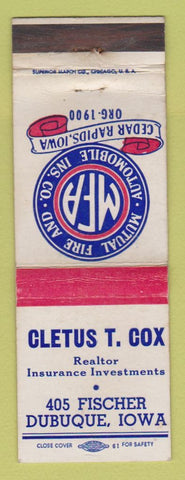 Matchbook Cover - Mutual Fire and Auto Insurance Cletus Cox Dubuque IA