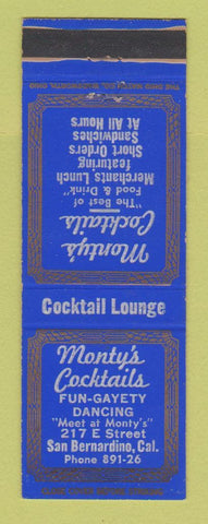 Matchbook Cover - Monty's Cocktails San Bernardino CA bar