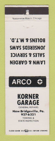 Matchbook Cover - Arco oil gas Korner Garage New Bridgeville PA WEAR