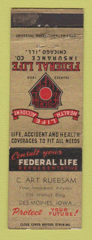 Matchbook Cover - Federal Life Insurance C Art Ruebsam Des Moines IA WEAR