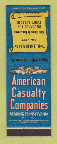 Matchbook Cover - Miller Real Estate Insurance American Casualty Geneva OH