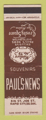 Matchbook Cover - Paul's News Tobacco Rapid City SD Crosby Square Pipe Tobacco
