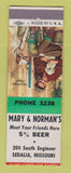 Matchbook Cover - Mary & Norman's restaurant bar Sedalia MO