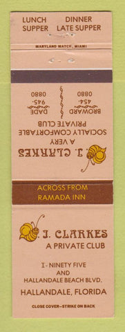 Matchbook Cover - J Clarkes Private Club Hallandale FL