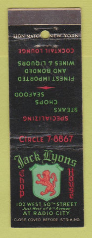 Matchbook Cover - Jack Lyons Chop House New York City WEAR