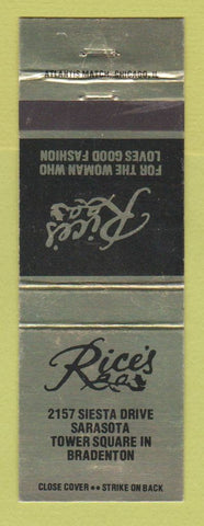 Matchbook Cover - Rice's Women's Clothes Sarasota Bradenton FL