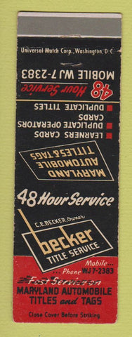Matchbook Cover - Becker Title Service Maryland MD Auto Titles Bethesda