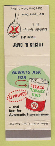 Matchbook Cover - Texaco oil gas Lucius Cary Richfield Springs NY
