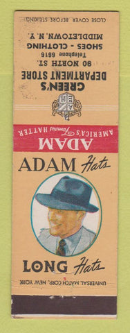 Matchbook Cover - Green's Department Store Adam Hats Middletown NY