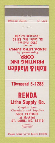 Matchbook Cover - Renda Litho Supply Kohl Madden Printing Ink St Louis MO