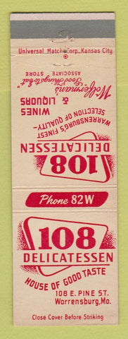 Matchbook Cover - 108 Delicatessen Warrensburg MO