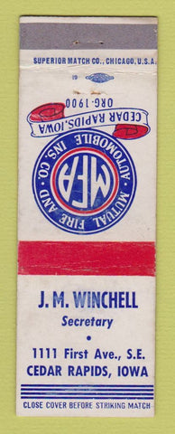 Matchbook Cover - Mutual Fire Auto Insurance JM Winchell Cedar Rapids IA WEAR