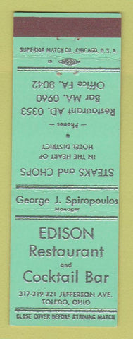 Matchbook Cover - Edison Restaurant Cocktail Bar Toledo OH