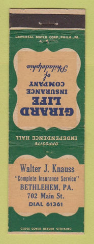 Matchbook Cover - Girard Life Insurance Walter Knauss Bethlehem PA