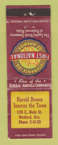 Matchbook Cover - First National Insurance Harold Brown Medford OR WORN