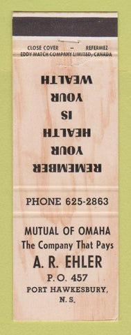 Matchbook Cover - AR Ehler Insurance Mutual of Omaha Port Hawkesbury NS