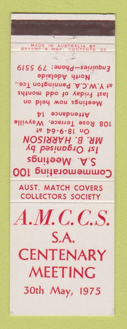 Matchbook Cover - AMCCS SA Centenary Meeting 1975 Wayville Australia