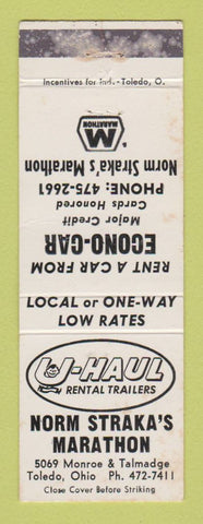 Matchbook Cover - U Haul Trailer Rentals Straka Marathon oil gas Toledo ON WORN