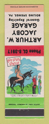 Matchbook Cover - Arthur Jacoby Garage Boiling Springs PA hillbilly