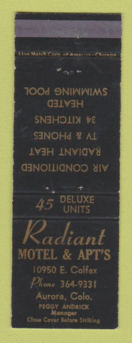 Matchbook Cover - Radiant Motel Apartments Aurora Colorado Colfax WEAR