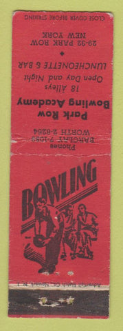 Matchbook Cover - Park Row Bowling Academy New York City WORN